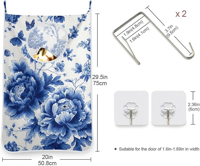 Blue and White Peony Flowers Butterfly Hanging Laundry Hamper Door Hampers Bag Basket with Stainless Steel Hooks Oxford Fabric Printing Decorative Clothes Bags 29.5X20inch 2Pack