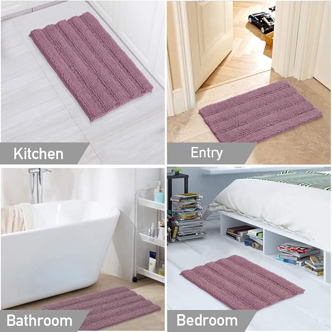 Turquoize Chenille Bathroom Rugs Set - Non-Slip Bath Mats for Bathroom & Kitchen/Entryway (20" x 32" & 17" x 24"), Mauve/Rose