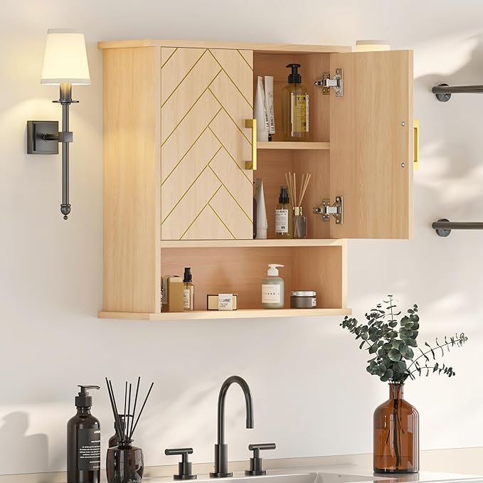 Natural Chevron Pattern Bathroom Wall Mount Cabinet, Gold Accent Hanging Medicine Cabinet with Open Shelf, Over The Toilet Storage Organizer for Home (23 5/8" x 22 7/8" x 7 1/8")
