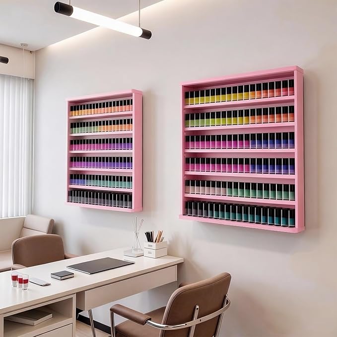 Kikihouse Wood Nail Polish Rack 2 Packs, Wall Mount Nail Polish Organizer, 6 Layers Nail Salon Storage Display Shelves Perfume Essential Oil Bottles Holder w/Acrylic Baffle, Pink