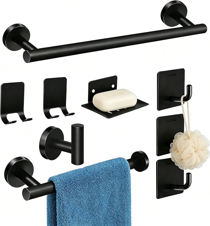 9-Pieces Matte Black Bathroom Hardware Accessories Set,Stainless Steel Wall Mounted 16 Inch Hand Towel Bar,Bath Towel Bar Set Wall Mounted,Towel Racks for Bathroom