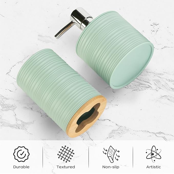 2 PCS Sage Green Bathroom Accessories Set, Soap Dispenser and Toothbrush Holder Set, Plastics & Bamboo Bathroom Set, Bohemian Style Bathroom Sink Set