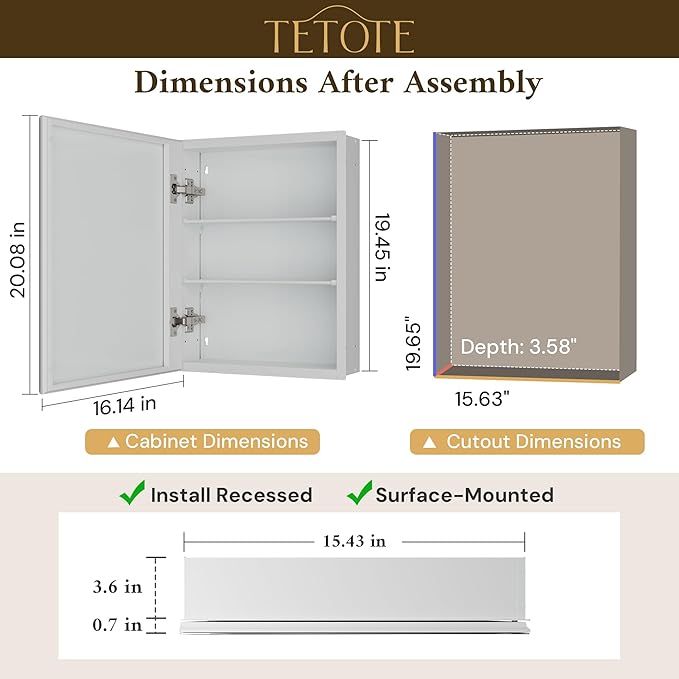 TETOTE 16 x 20 Medicine Cabinet with Tempered Beveled Mirror White Bathroom Mirror with Storage Aluminum Cabinet DTC Hinges, Stepless Adjustable Shelves, Recessed/Surface-Mounted