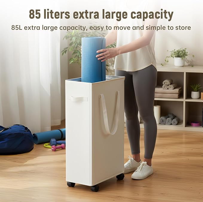 Slim Laundry Hamper with Lid and Wheels, Small Rolling Laundry Basket with Handle for Small Spaces, Tall Dirty Clothes Hampers for Dorm, Bathroom and Bedroom, 85L, Beige
