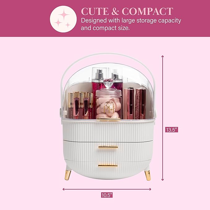 Paris Hilton Makeup Storage Organizer with Lid, Cosmetics and Skincare Organizer for Vanity, Portable Makeup Storage Box for Countertop, Fluted Design with Gold Accents, White