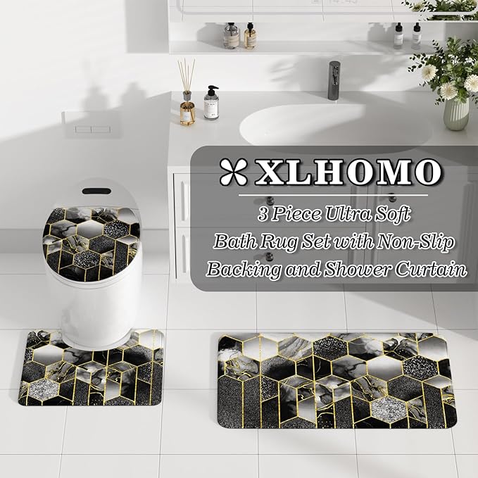 XLHOMO Bathroom Sets with Shower Curtain and Rugs - 4PC Black Geometric Shower Curtain Set with 12 Hooks, Toilet Cover, U-Shaped Mat and Rugs Modern Abstract Bathroom Accessories for Bathroom