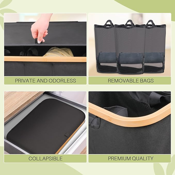 Laundry Hamper with Lid, 160L Dirty Clothes Hamper for Laundry Basket 3 Section, Extra Large Laundry Sorter Hamper 3 Compartment with Removable Inner Bags & Labels, Dark Grey