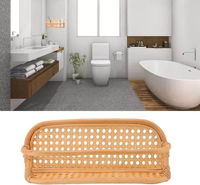 Luocute Rattan Wall Shelf, Handcrafted Natural Rattan Hanging Shelf for Bathroom Kitchen Living Room, with Easy Installation and Space Saving Design