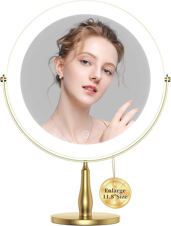 11.8" Extra Large Lighted Makeup Mirror, 1X/10X, 2-Sided Magnifying Mirror with 96 LEDs, 3 Color Dimmable Lights, 360° Swivel, LED Vanity Mirror, White - Great Gift Gold