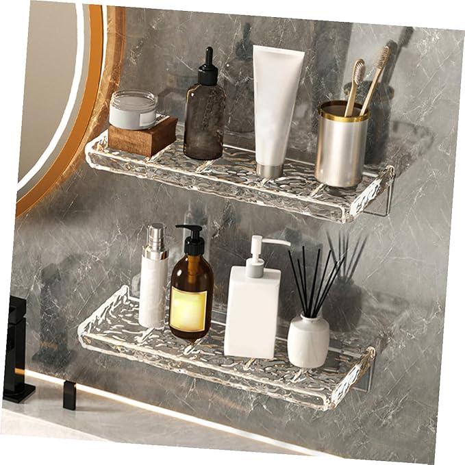 SHINEOFI 2pcs Transparent Wave Pattern Floating Wall Shelf Bathroom Storage Rack Organizer No Drilling Easy Install for Kitchen Toilet Sundries Bathroom Stand Sink