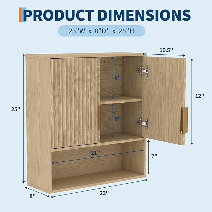 Bathroom Wall Cabinet - Medicine Cabinet with Wave-Patterned & Adjustable Shelf - 25x23x8 Inch Wall Cabinet for Bathroom, Kitchen, Laundry Room, Entryway