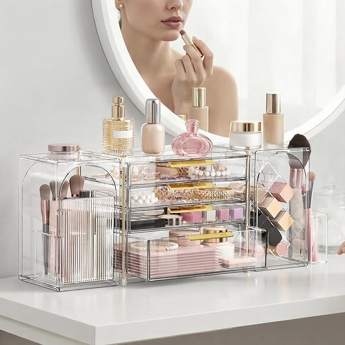 4-Tier Drawer Makeup Organizer, 3-in-1 Free Combination Cosmetic Storage with Lipstick Holder & Brush Rack, Skincare Organizer with Mini Tray for Vanity Bathroom Bedroom Dorm