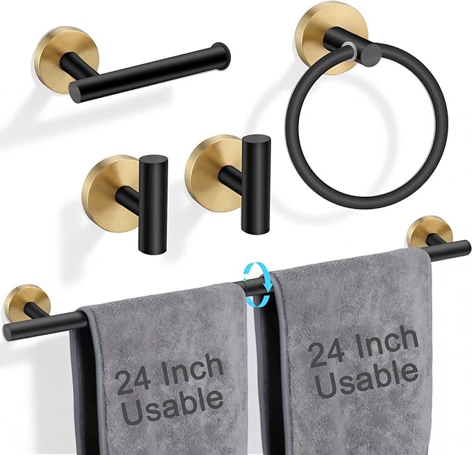 24 Inch Usable Towel Bar, 5-Piece Matte Black and Gold Bathroom Accessories, SUS304 Stainless Steel Towel Ring Holder, Toilet Paper Holder with 2 Hooks, Wall Mounted Modern Bathroom Hardware Set