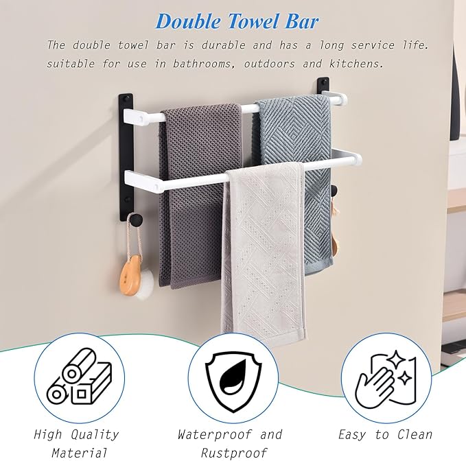 Bathroom Double Towel Rack with Hooks, 18-Inch Towel Bar - Stainless Steel Wall Mounted Towel Holder, White & Black