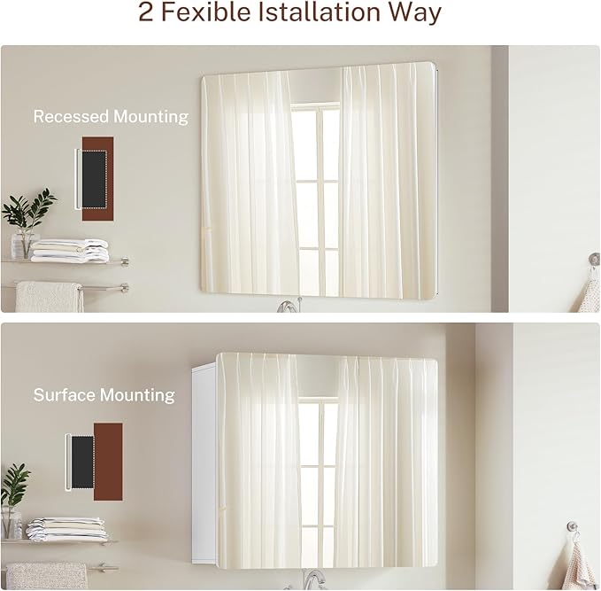 TEENFON Medicine Cabinet Mirror with 2 Doors, Mount or Recessed Bathroom Wall Cabinet, Bathroom Mirror with Storage 3 Adjustable Shelves, White, 27.6 x 22.1 inch