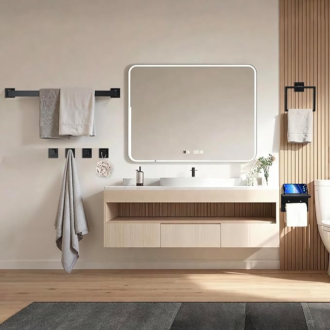 10 Pcs SUS304 Stainless Steel Bathroom Accessories Set, 23.6" Towel Bar, Multi-Purpose Toilet Paper Holder, Towel Ring, Towel Hooks, Minimalist Design for All Styles Bathrooms (Matte Black)