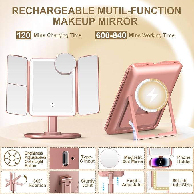 Mocado Makeup Mirror with Lights, 20X/7X/3X Magnifying Mirror with Light, Rechargeable & Height Adjustable Lighted Makeup Mirror, Vanity Mirror with 3 Colors Lights, Detachable Design(Rose Gold)