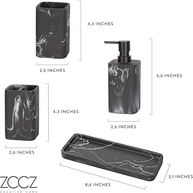 ZCCZ Bathroom Accessories Set, 4-Piece with Soap Dispenser, Toothbrush Holder, Tumbler, and Soap Dish for Modern Bath Décor, Elegant and Durable Design for Home or Office Bathrooms (Black Marble Look)