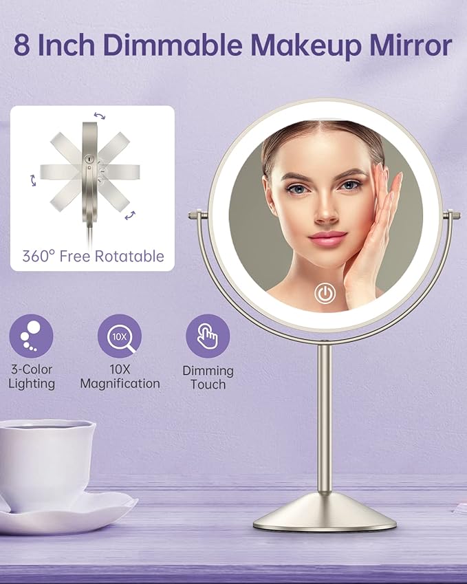 Gospire 8" Lighted Makeup Mirror with Magnification 10X/1X, 3 Color Lights & Dimmable Lighting, 360° Rotation Double Sided Rechargeable Cordless Vanity Cosmetic Standing LED Mirror for Makeup