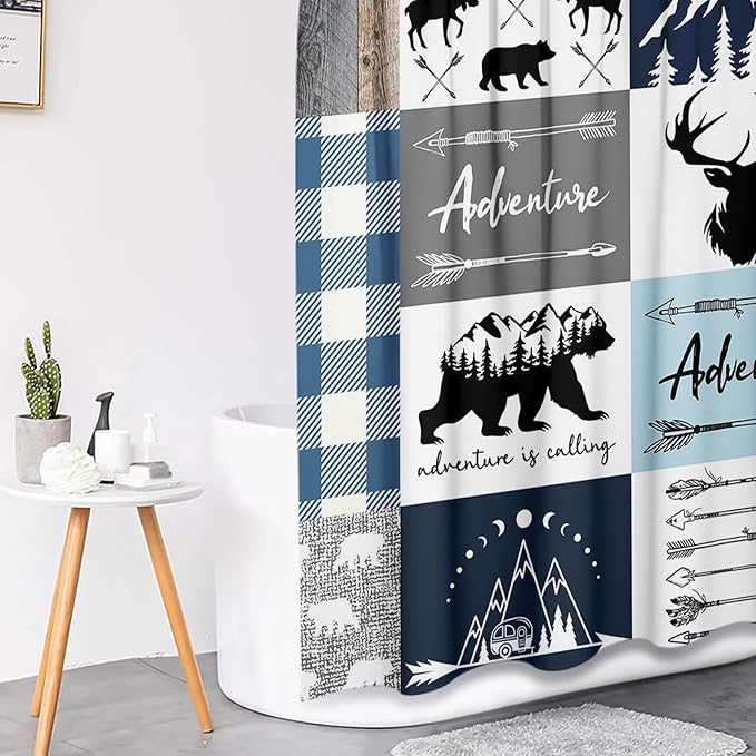 Pamnest 4 Pcs Shower Curtain Sets, Moose Bear Animal Funny Plaid Waterproof Bathroom Sets with Non-Slip Rugs, Toilet Lid Cover and Bath Mat, 12 Hooks, Accessories Modern Home Bathroom Decor 72" X 72"