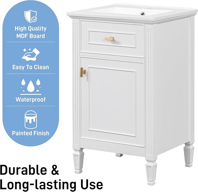 Virubi 20 in Small Bathroom Vanity with Sink,Soft Closing Door,Tilt-Out Drawer and Adjustable Shelf,Solid Wood Modern Single Bathroom Sink Cabinet,Freestanding (White)