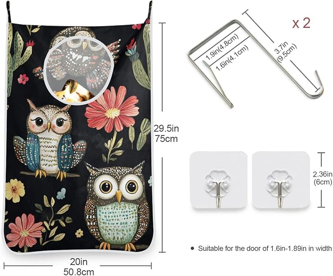 Black Owls Cactus Butterfly Hanging Laundry Hamper Door Hampers Bag Basket with Stainless Steel Hooks Oxford Fabric Printing Decorative Clothes Bags 29.5X20inch 2Pack