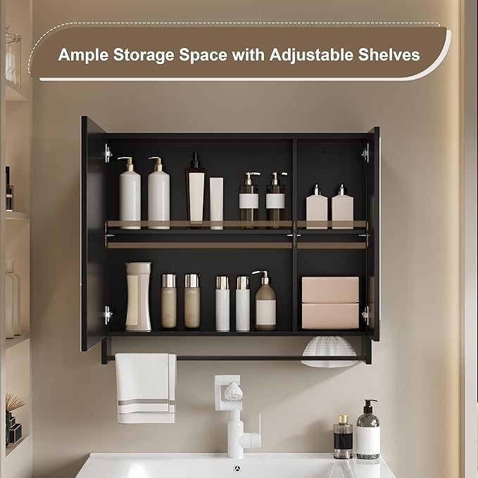 ChooChoo Bathroom Medicine Cabinet with Mirror, Modern Mirror Cabinet with LED Lights, Bathroom Wall Cabinet with Adjustable Shleves, Towel Bar, Black