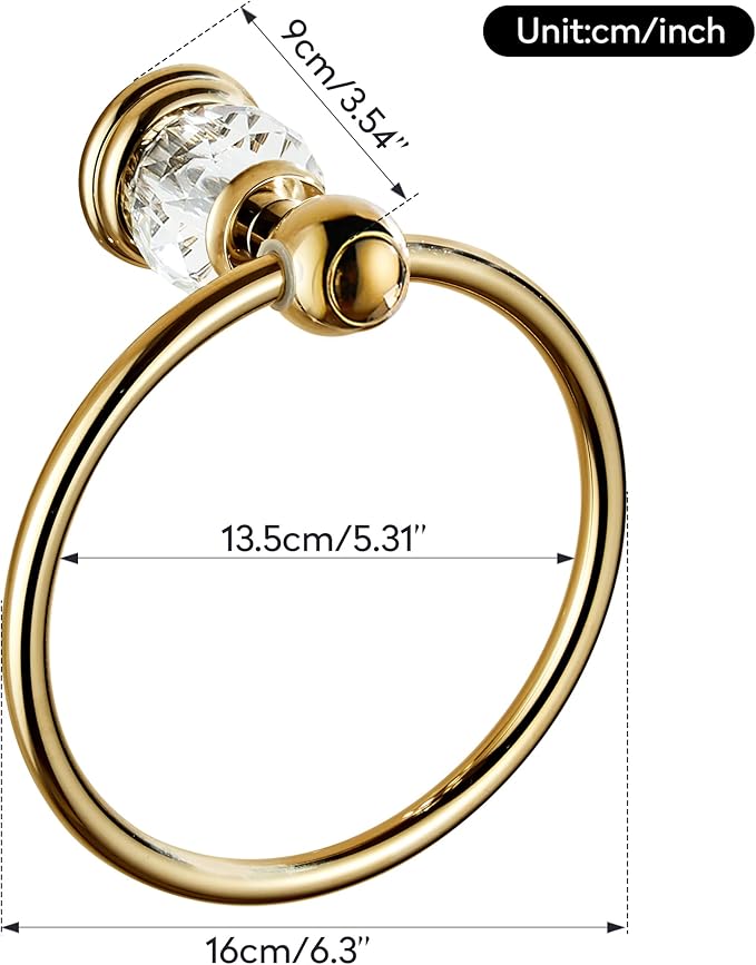 WINCASE Crystal Towel Ring, Gold Towel Holders for Bathrooms, Round Hand Towel Rack Wall Mounted Decorative