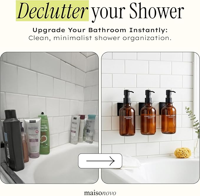 Shampoo and Conditioner Dispenser Wall Mounted Set of 3 Amber Black - No Drill Shower Soap Dispenser for Bathroom Refillable - Spa Hotel Style Accessories by MaisoNovo