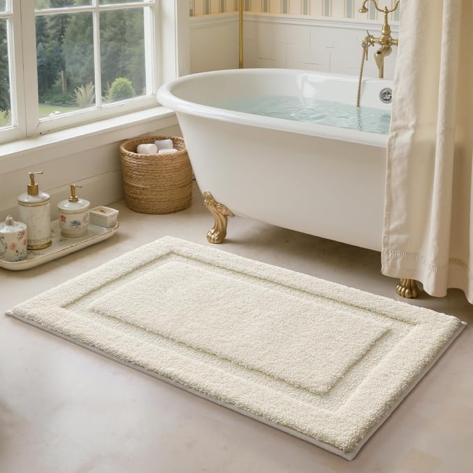 LUMI Ultra Soft Bathroom Rugs Non Slip with Rubber Backing, Absorbent Washable Bath Mat Quick Dry, Upgraded Premium Microfiber Plush Carpet for Bathtub and Shower Floor, Ivory White, 24x60