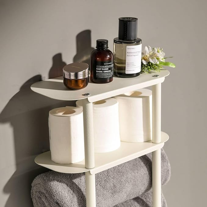 simpletome Towel Racks for Bathroom Storage Shower Organizer 31 inch Wall Mounted with Shelves Can Holds 6 Large Towels Thickened Carbon Steel(Cream White)