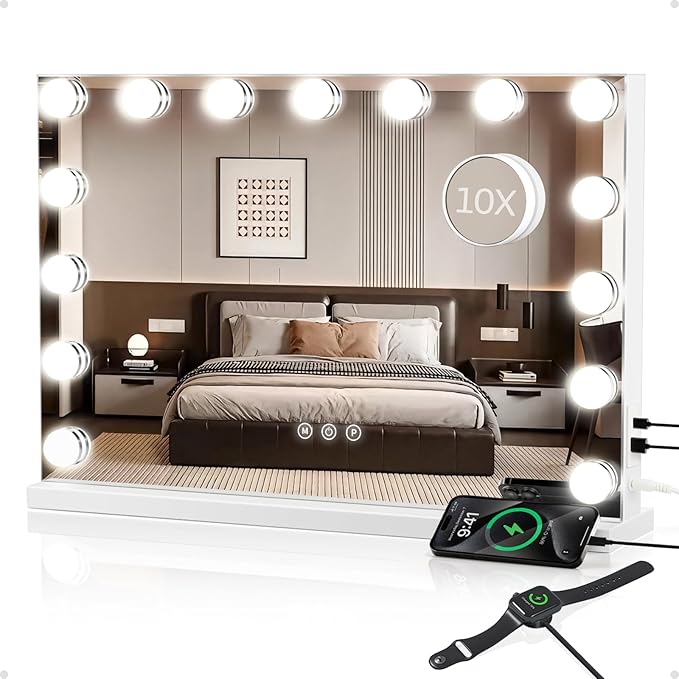 Hollywood Vanity Mirror with Lights, Lighted Makeup Mirror with 10X Magnification, 3 Color Lights, 15 Dimmable Bulbs, USB/Type-C Charging, Metal Frame, Gifts for Women, White (23" W x 18" H)