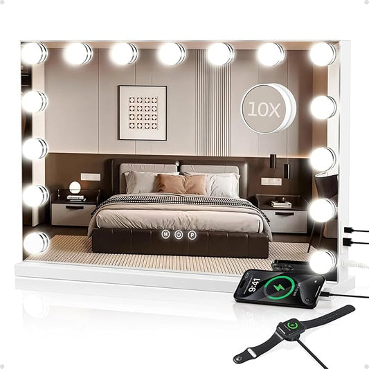 Hollywood Vanity Mirror with Lights, Lighted Makeup Mirror with 10X Magnification, 3 Color Lights, 15 Dimmable Bulbs, USB/Type-C Charging, Metal Frame, Gifts for Women, White (23" W x 18" H)