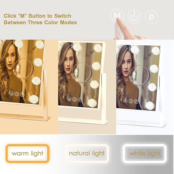 BWLLNI Vanity Mirror with Lights, Hollywood Lighted Makeup Mirror with 3 Color Modes and 9 Dimmable Diamond LED Light Bulbs, Detachable 10X Magnification, 360° Rotation, Touch Control, White