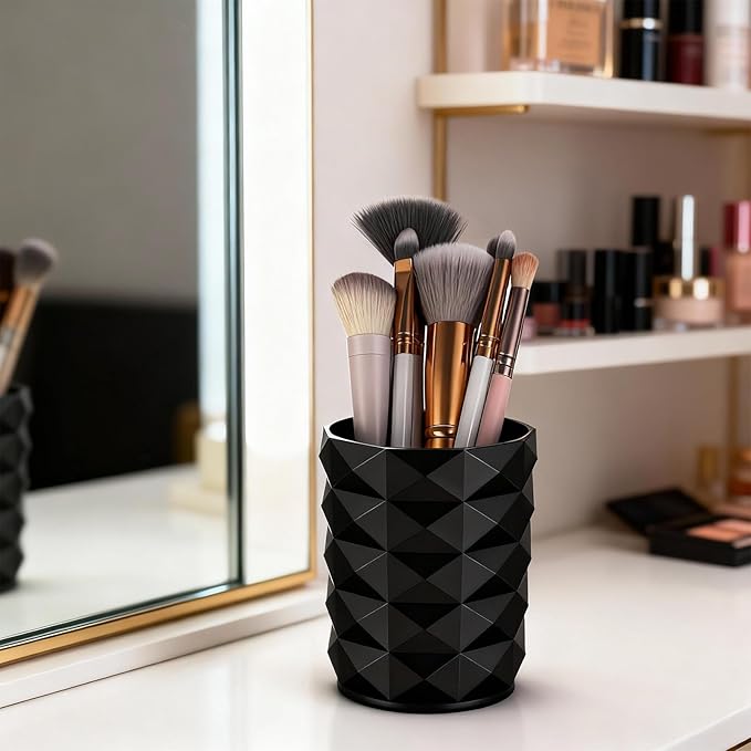 Acrylic Makeup Brush Holder Organizer, Black Makeup Brush Organizer, Stylish Pencil Holder for Desk, Cosmetics Brushes Cup Storage with Texture, Desk Accessories for Office, School, Home