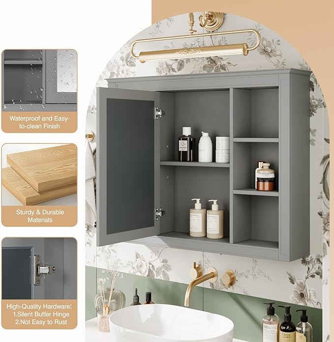 Merax 35''L Bathroom Medicine Storage Cabinet with Mirror Doors, Modern Wall Mount Toilet Organizers with 6 Open Shelves, Grey