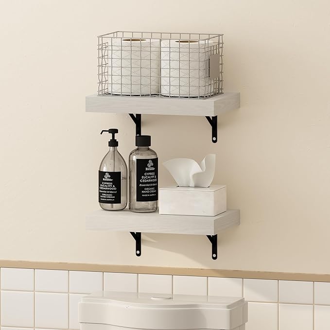 Furinno Tanna Floating Shelves for Wall Set of 2, 15-Inch Bathroom Wall Shelf, Wall Mounted Shelf, for Bathroom Organizers and Storage, Living Room, White Texture