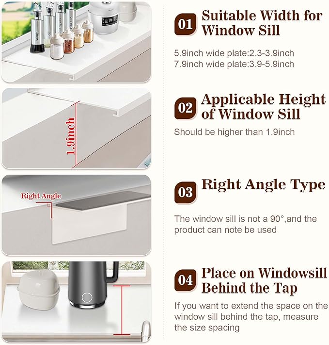 Window Sill Extender Plate, Carbon Steel Storage Shelf, 15.8x7.9in Countertop Extension Board with Magnetic Base, No Punching, for Kitchen Office Bathroom White
