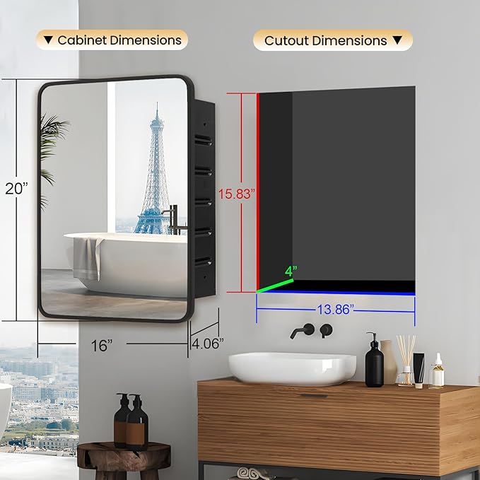 Black Medicine Cabinet 16x20 inch, Bathroom Mirror with Storage, Recessed or Wall Mounted Farmhouse Cabinets, Metal Framed, Adjustable Shelves, One Door Open Left or Right