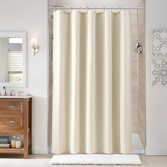 Naturoom Warm Beige 54 Inch Shower Curtain - Stall Narrow Half Linen Ultra Thick Fabric Shower Curtain Set with Hooks, Boho Farmhouse Rustic RV Camper Bath Curtains for Bathroom, 54x78
