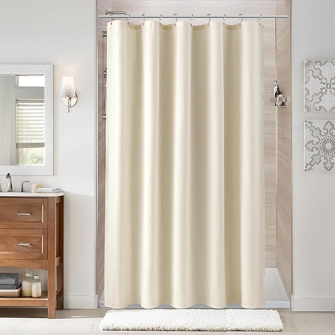 Naturoom Warm Beige 60 Inch Shower Curtain - Stall Narrow Half Linen Ultra Thick Fabric Shower Curtain Set with Hooks, Boho Farmhouse Rustic RV Camper Bath Curtains for Bathroom, 60x72