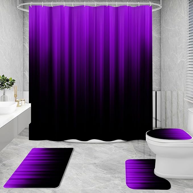 Litabel 4 Pcs Purple and Black Gradient Shower Curtain Set with Rugs and Toilet Lid Cover, Modern Simple Waterproof Fabric Bathroom Set, Ombre Stripe Gothic Abstract Bathroom Decor Set Accessories