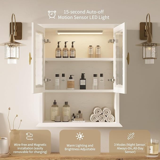 CJL Bathroom Wall Cabinet with Motion Sensor Led Light, Over The Toilet Storage Cabinet, 18.9'' x 23.6'' Medicine Cabinet of Mid-Century Modern Design with Acrylic Door, White