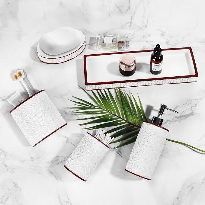 YMXYJM Bathroom Accessories Set, Elegant Handmade Floral Pattern, 5 Pcs Bathroom Accessory Set, Soap Dispenser, Toothbrush Holder, Qtip Holder, Complete Bathroom Sink Set, White