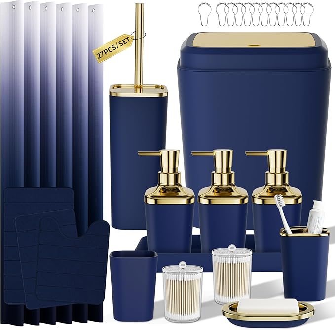 Bathroom Set - 27PC Bathroom Sets with Shower Curtain and Rugs, Blue Bathroom Set, Blue Bathroom Accessories Set with Push-lid Trash Can, Toilet Brush & Soap Dispensers