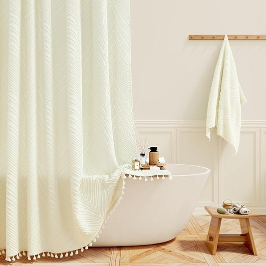 BTTN 80 Inch Long Shower Curtain - 72x80 Boho Farmhouse Tufted Leaves Textured Striped Fabric Shower Curtain Set with Plastic Hooks, Tall Rustic Country Cloth Shower Curtains for Bathroom, Cream/Beige