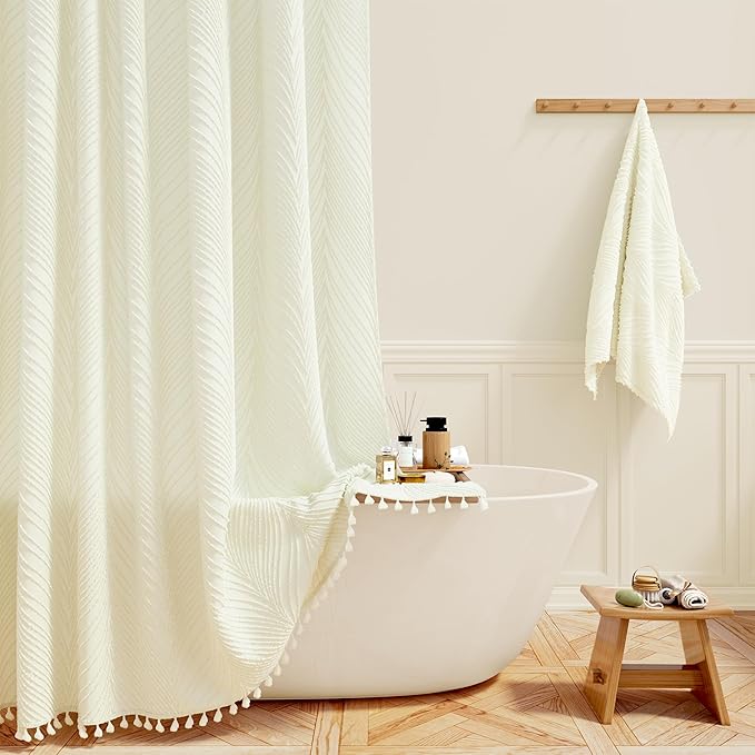 BTTN 54x78 Shower Curtain - Stall Boho Tufted Leaves Striped Tassel Fabric Shower Curtain Set with 10 Hook, Modern Farmhouse Minimalist Waterproof Cloth Shower Curtains for Bathroom, Cream/Beige