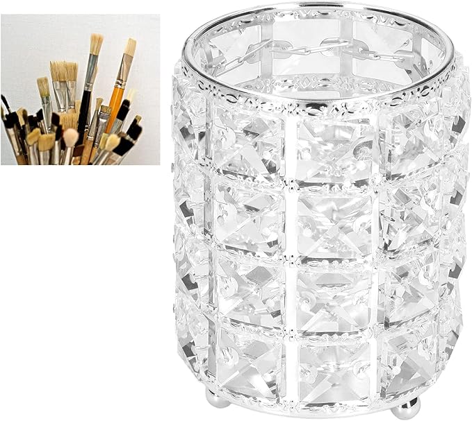 Pilipane European sty1e Rounded Crystal Glass Cosmetic Lunch Box for Bathroom Home Bedroom Office (Silver), Acrylic Makeup Brush Holder Lunch Box, Clear Pencil Pen Holder, Makeup Brush Holder