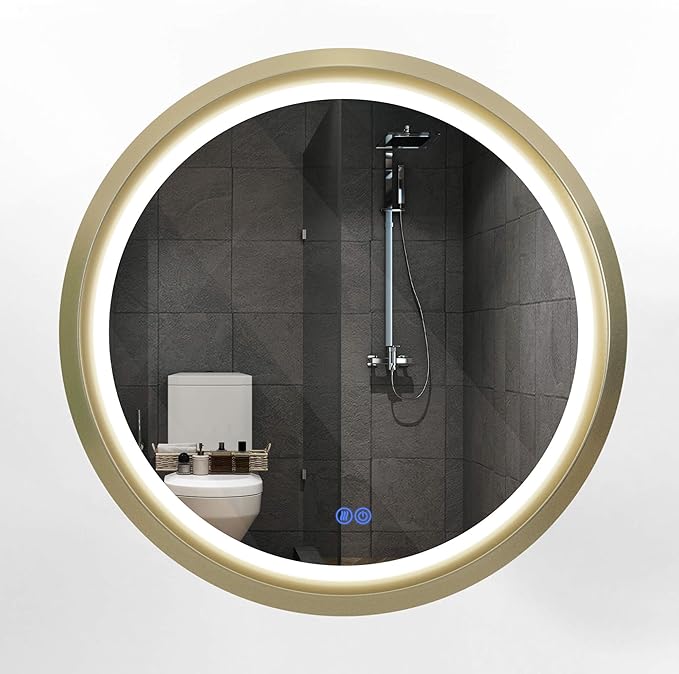 32 Inch Round LED Mirror for Bathroom, Gold Metal Frame Lighted Vanity Mirror with 3 Color Modes, Touch Dimmer - Anti-Fog Wall Mounted Circle Mirror with Lights - Fab Glass and Mirror