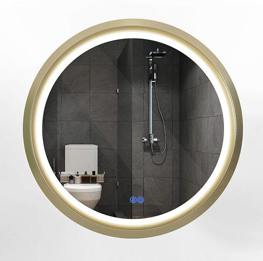 32 Inch Round LED Mirror for Bathroom, Gold Metal Frame Lighted Vanity Mirror with 3 Color Modes, Touch Dimmer - Anti-Fog Wall Mounted Circle Mirror with Lights - Fab Glass and Mirror